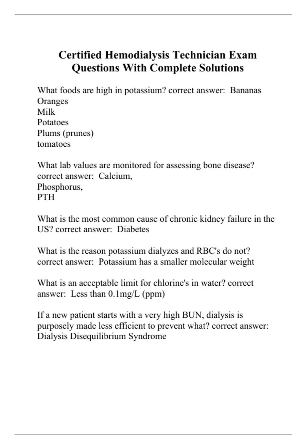 Certified Hemodialysis Technician Exam Questions With Complete Solutions Certified