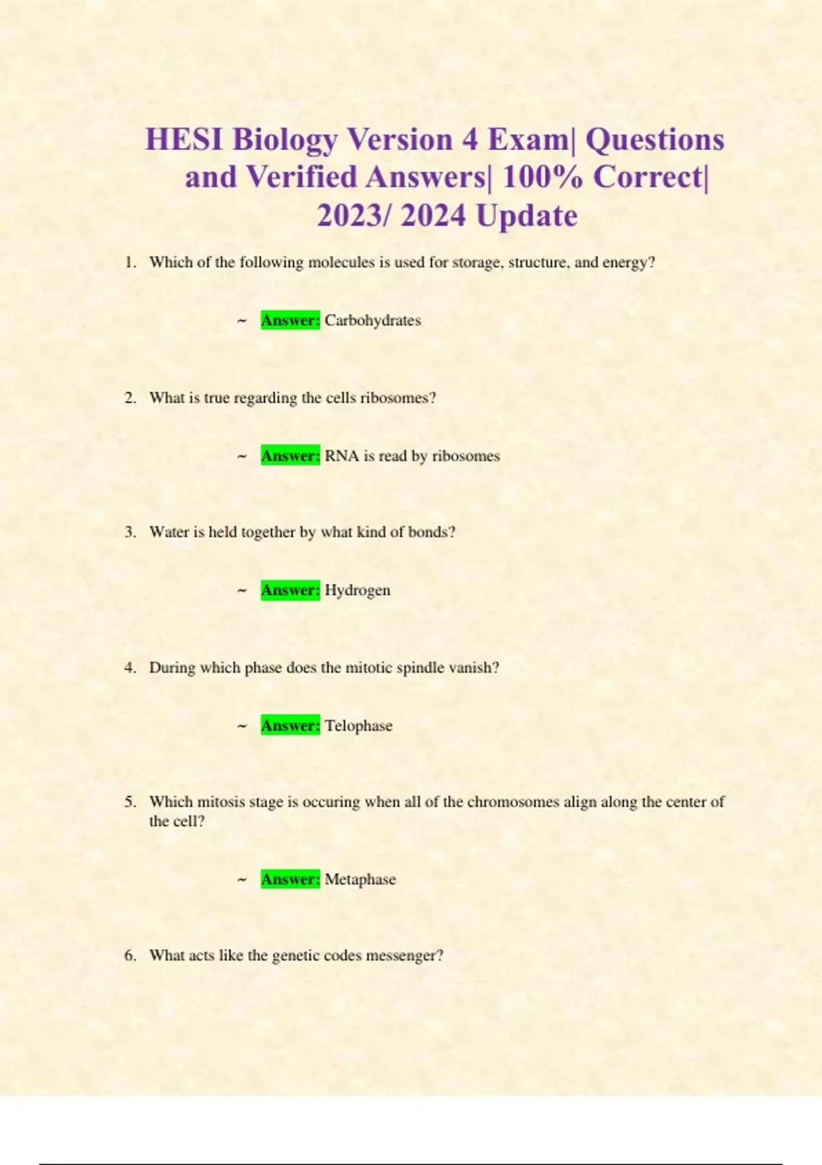 HESI Biology Version 4 Exam| Questions and Verified Answers| 100% ...