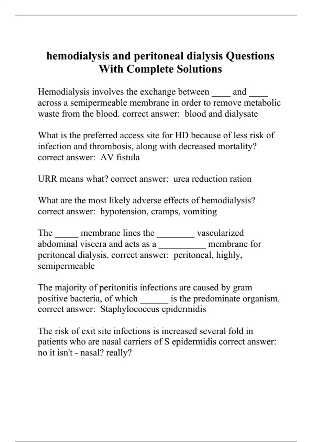 hemodialysis and peritoneal dialysis Questions With Complete Solutions