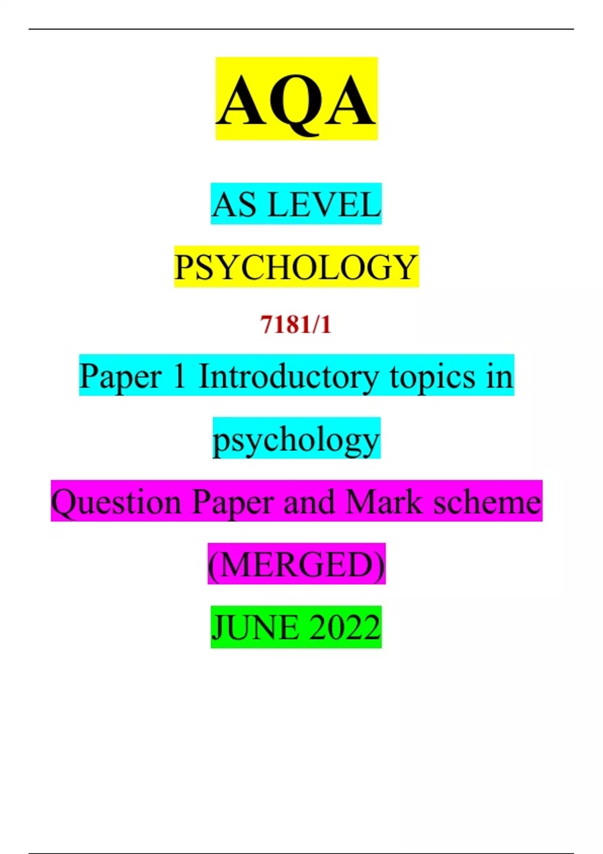 AQA AS LEVEL PSYCHOLOGY 7181/1 Paper 1 Introductory topics in ...