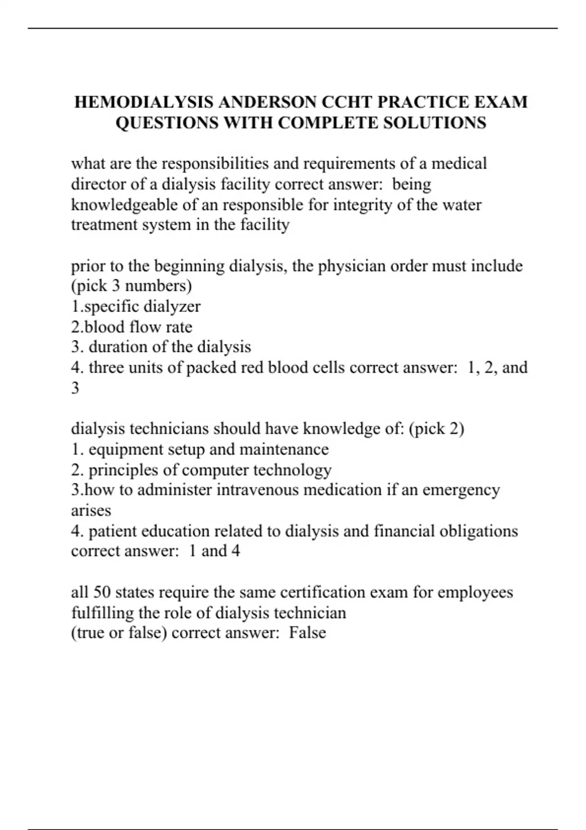 HEMODIALYSIS ANDERSON CCHT PRACTICE EXAM QUESTIONS WITH COMPLETE