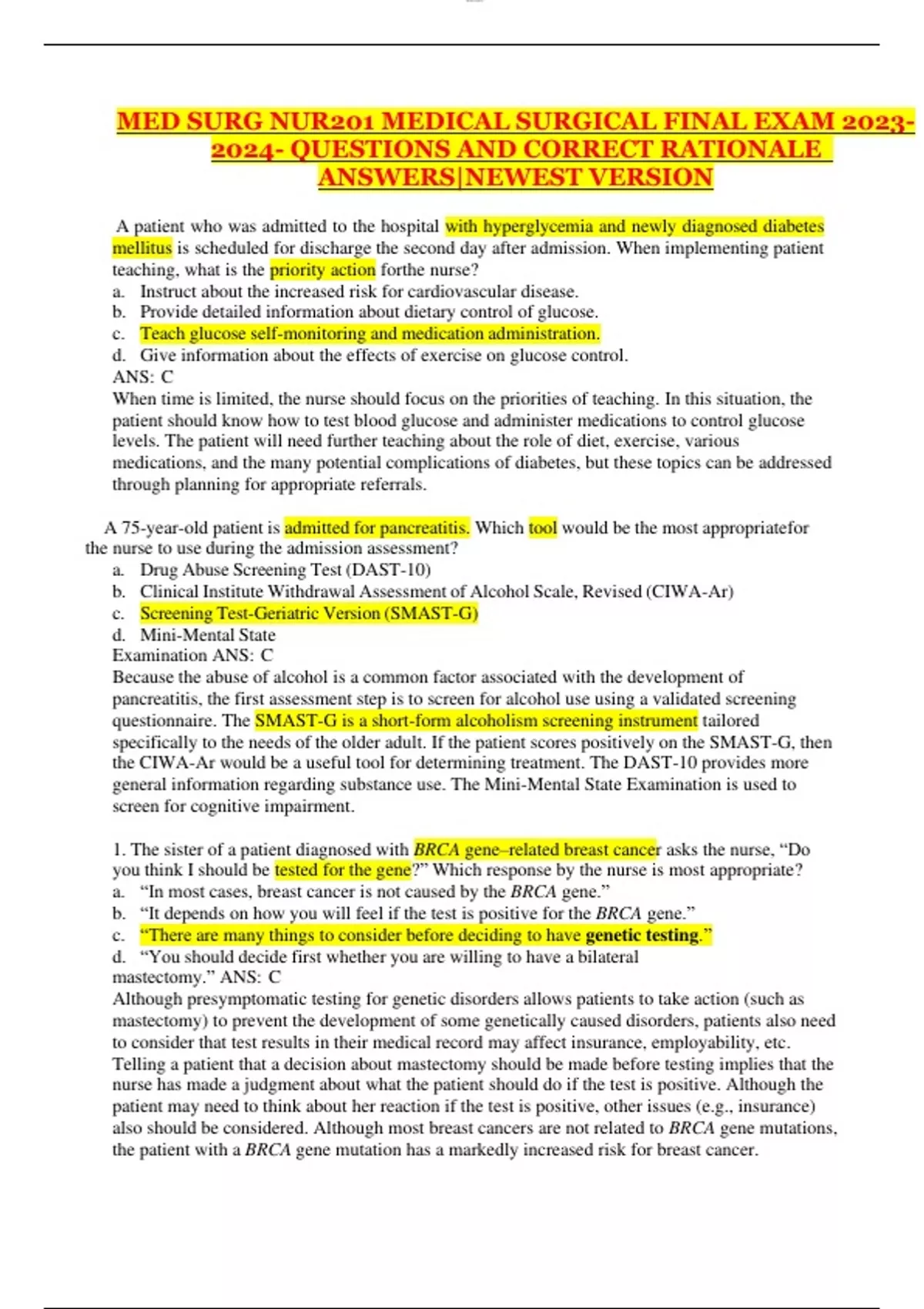MED SURG NUR201 MEDICAL SURGICAL FINAL EXAM QUESTIONS AND CORRECT