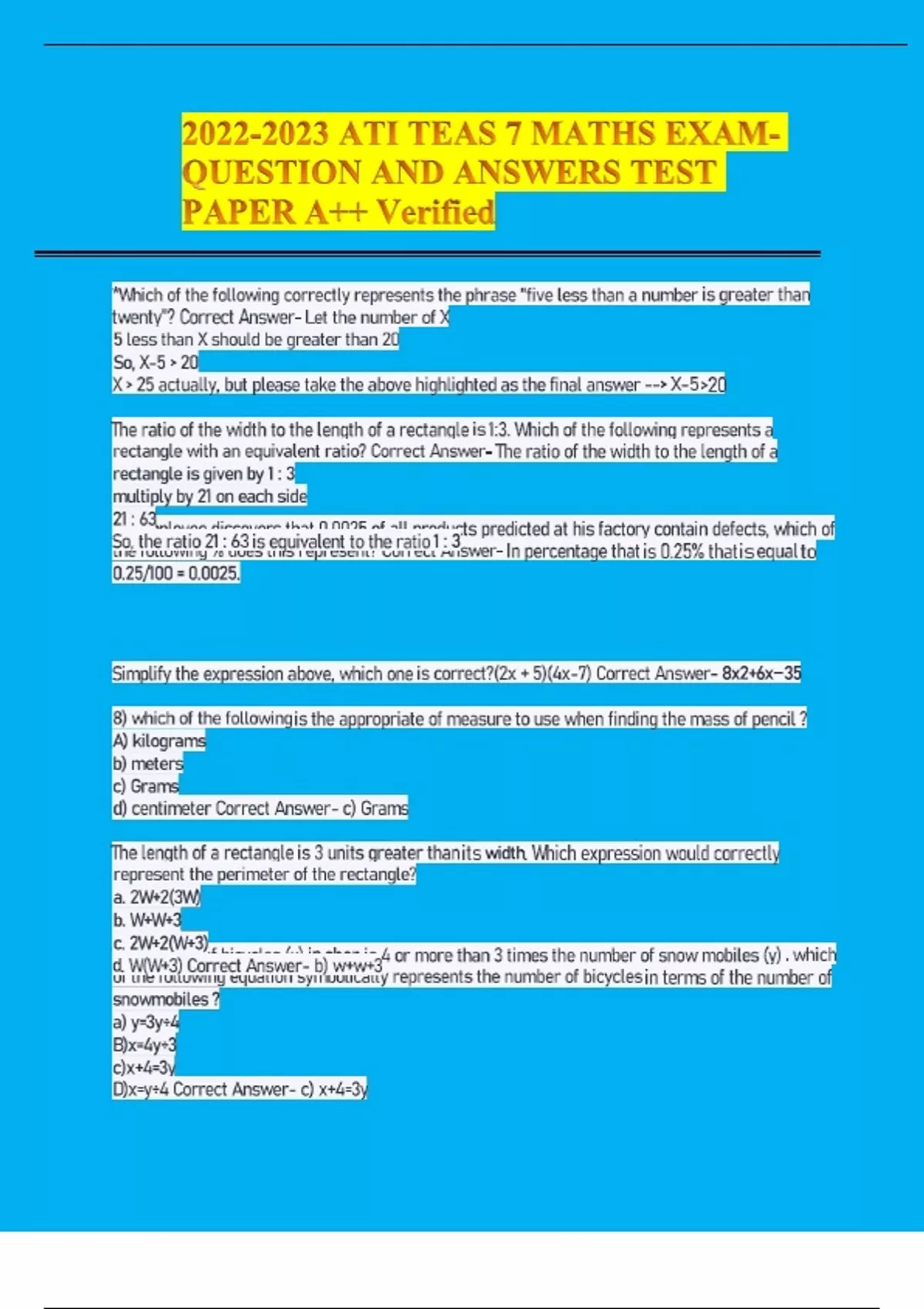 ATI TEAS 7 MATHS EXAM- QUESTION AND ANSWERS TEST PAPER A++ Verified ...