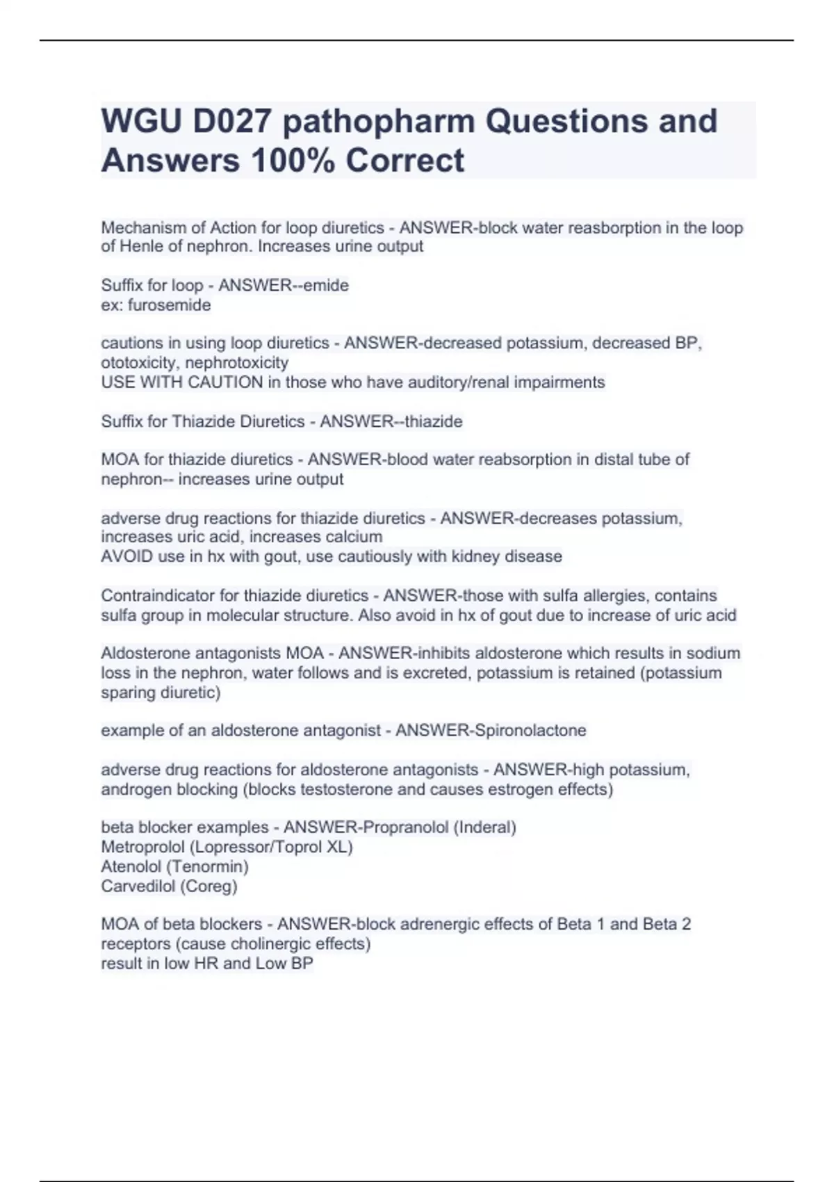 WGU D027 pathopharm Questions and Answers 100% Correct - WGU D027 ...