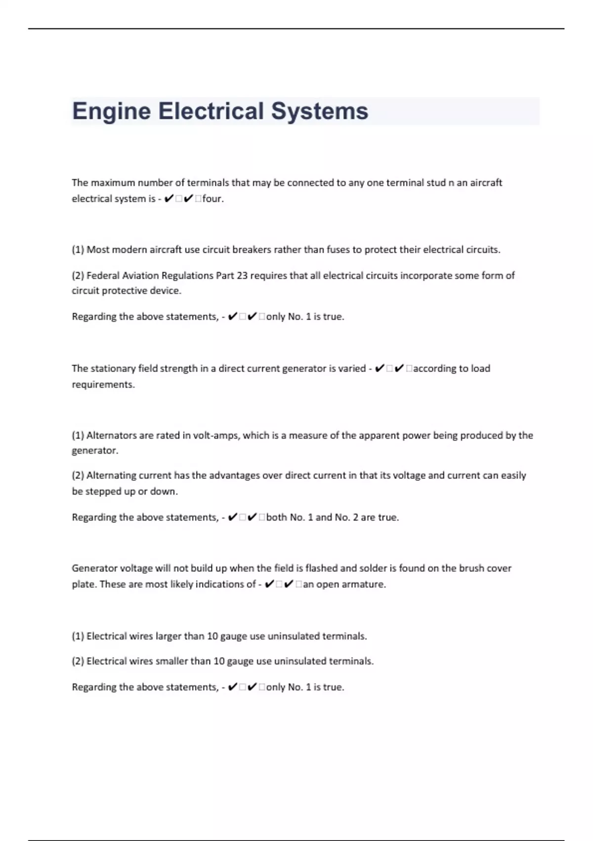 Engine Electrical Systems Questions With Answers Aircraft Electrical