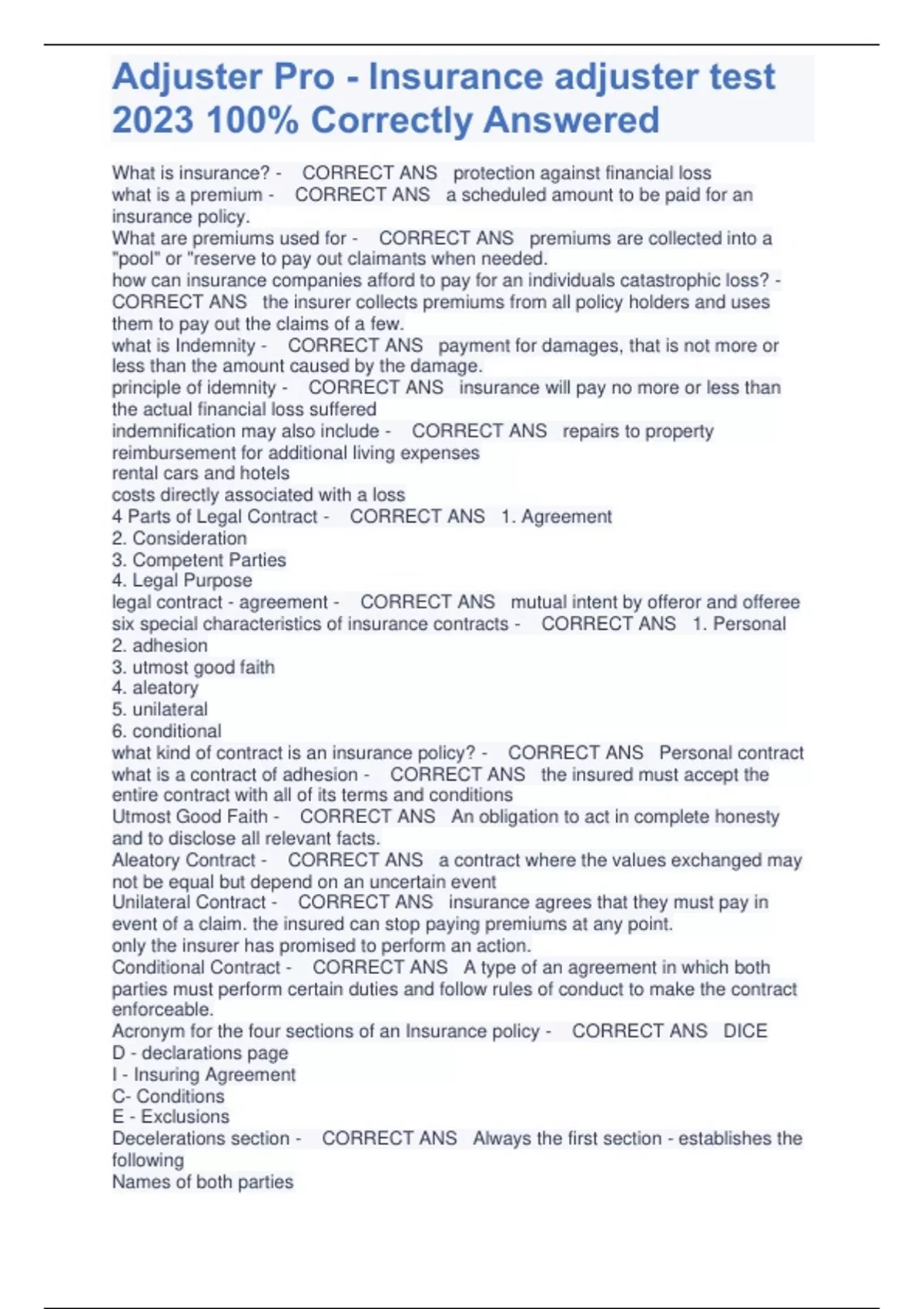 Adjuster Pro Insurance adjuster test 2023 100 Correctly Answered