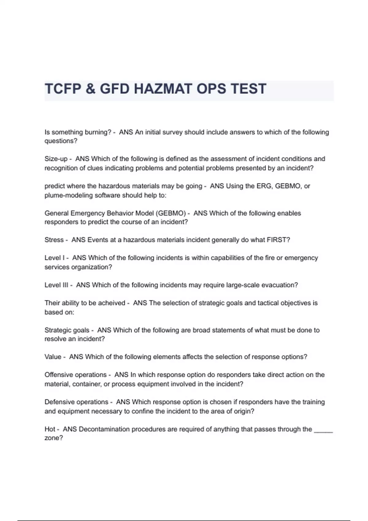TCFP & GFD HAZMAT OPS TEST Questions & Answers 2023 ( A+ GRADED 100