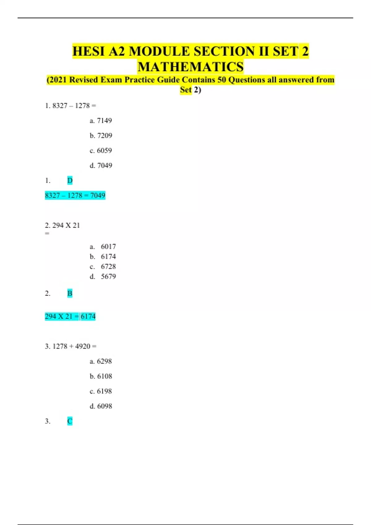 HESI A2 MODULE SECTION II SET 2 MATHEMATICS (2021 Revised Exam Practice ...