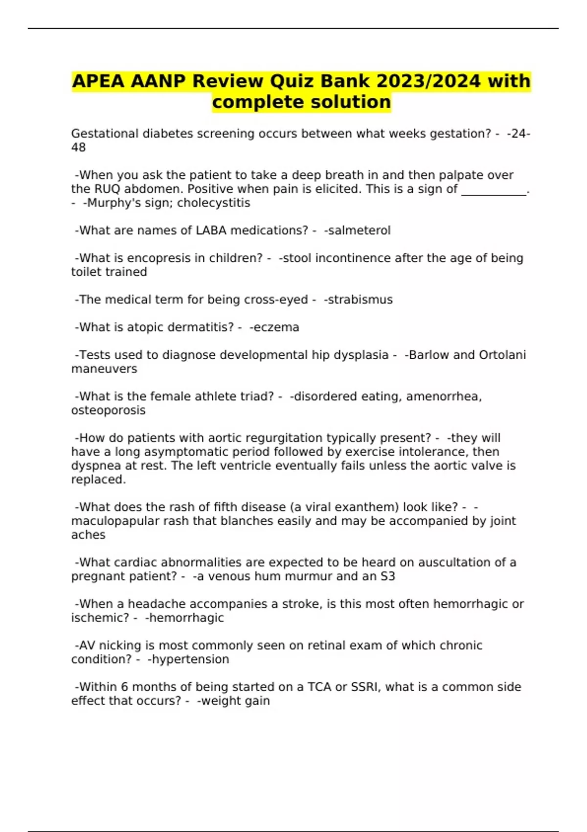 APEA AANP Review Quiz Bank 2023/2024 with complete solution APEA AANP