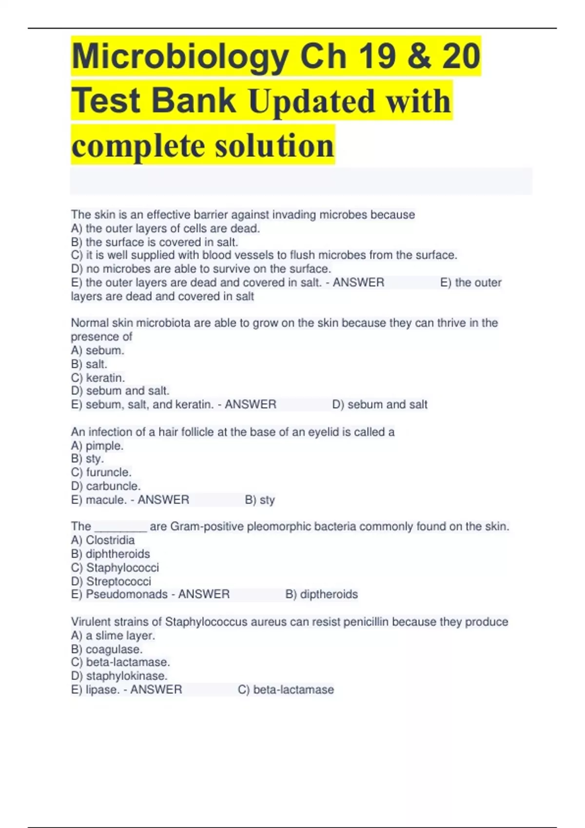 Microbiology Ch 19 & 20 Test Bank Updated with complete solution ...