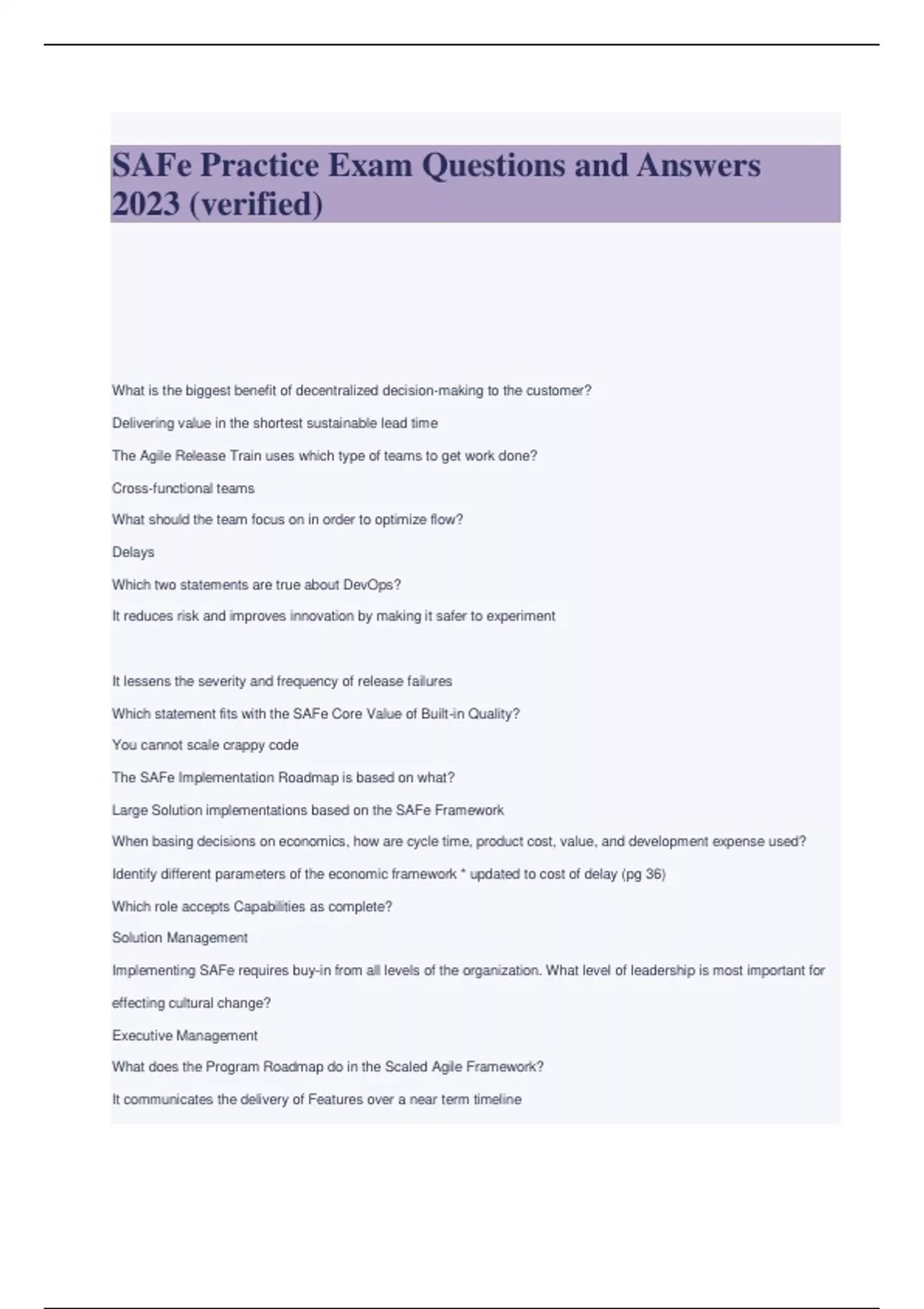 SAFe Practice Exam Questions and Answers 2023 (verified) SAFE AGILE