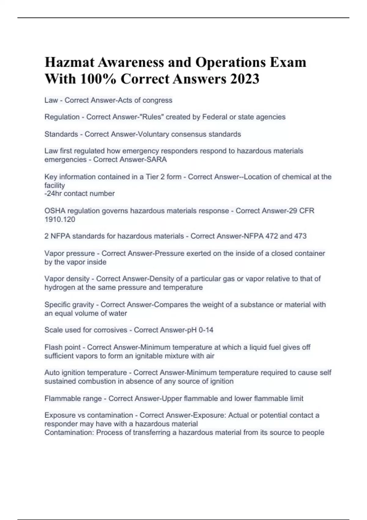 Hazmat Awareness and Operations Exam With 100 Correct Answers 2023