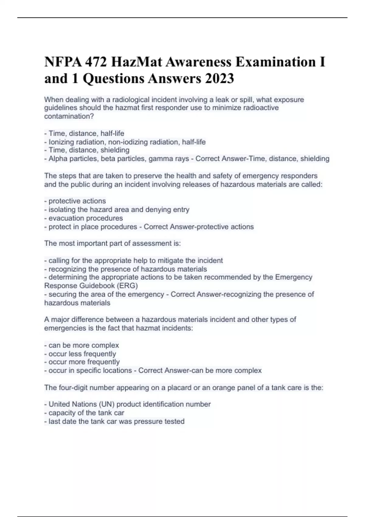 NFPA 472 HazMat Awareness Examination I and 1 Questions Answers 2023