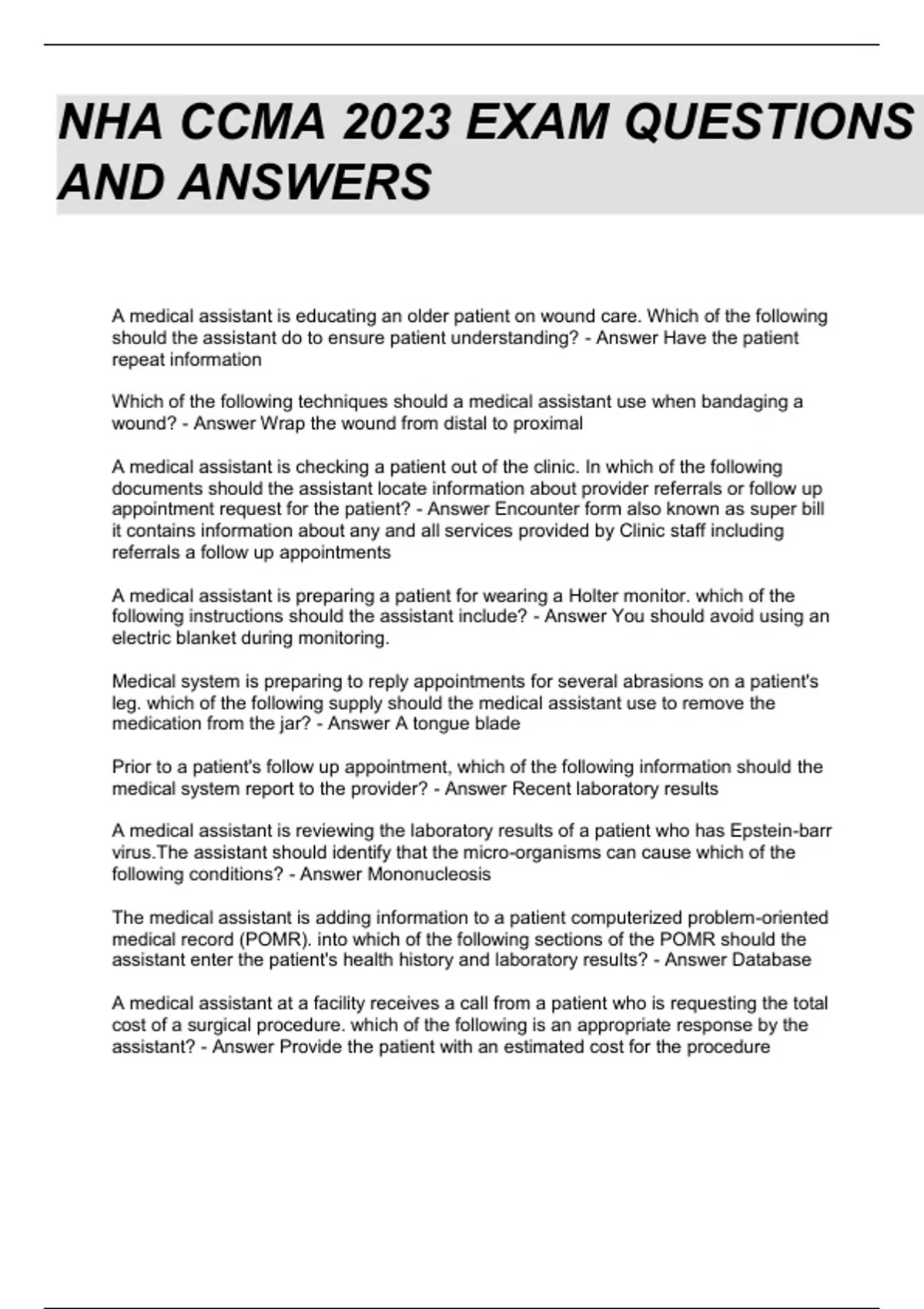 CCMA NHA EXAM WITH CORRECT ANSWERS 2023 VERIFIED CCMA NHA Stuvia US