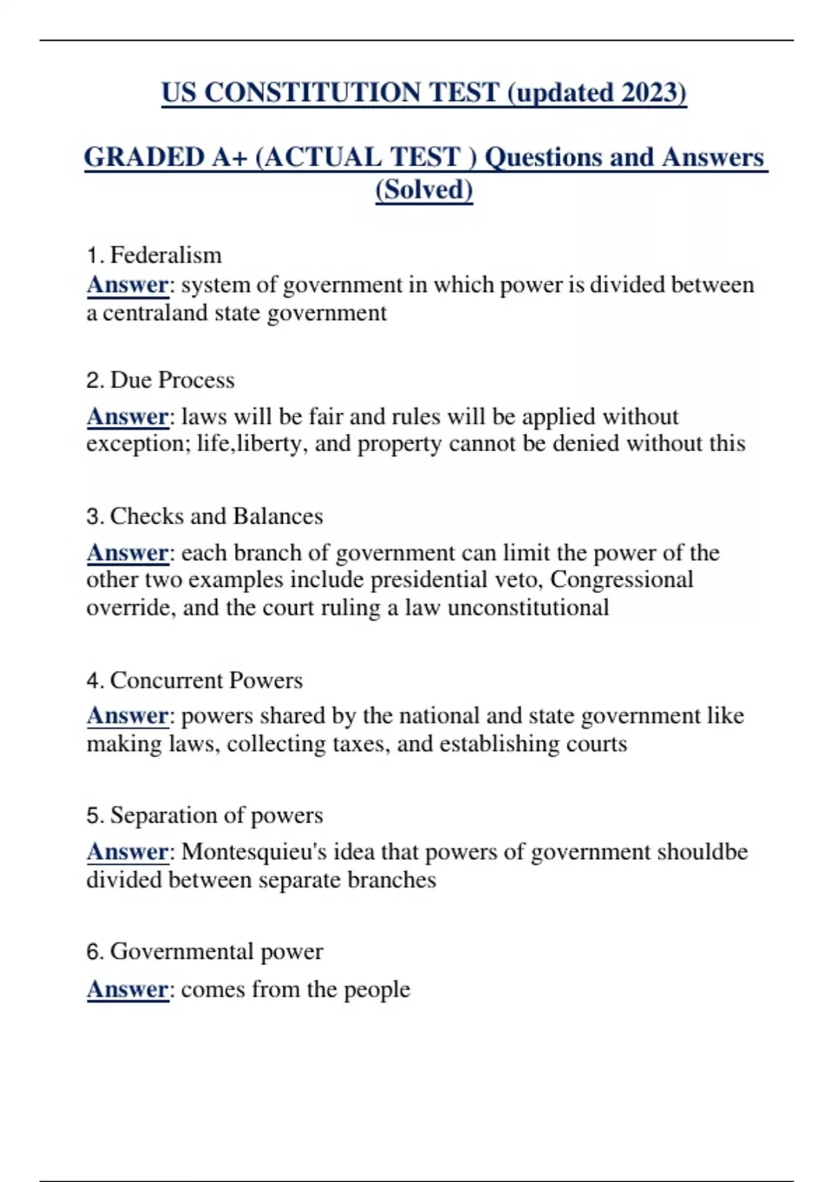 US CONSTITUTION TEST (updated 2023) GRADED A+ (ACTUAL TEST ) Questions