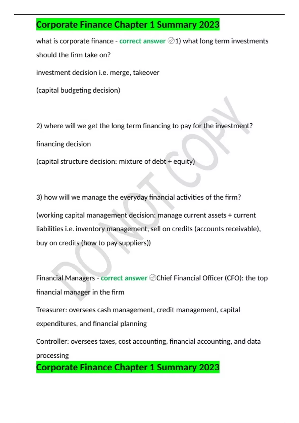 Corporate Finance Chapter 1 Summary 2023 - Corporate Finance Chapter 1 ...