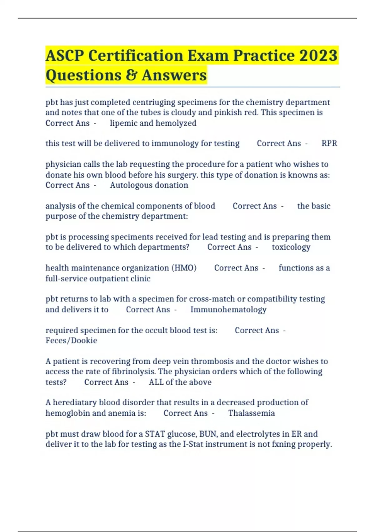 ASCP Certification Exam Practice 2023 Questions & Answers ASCP