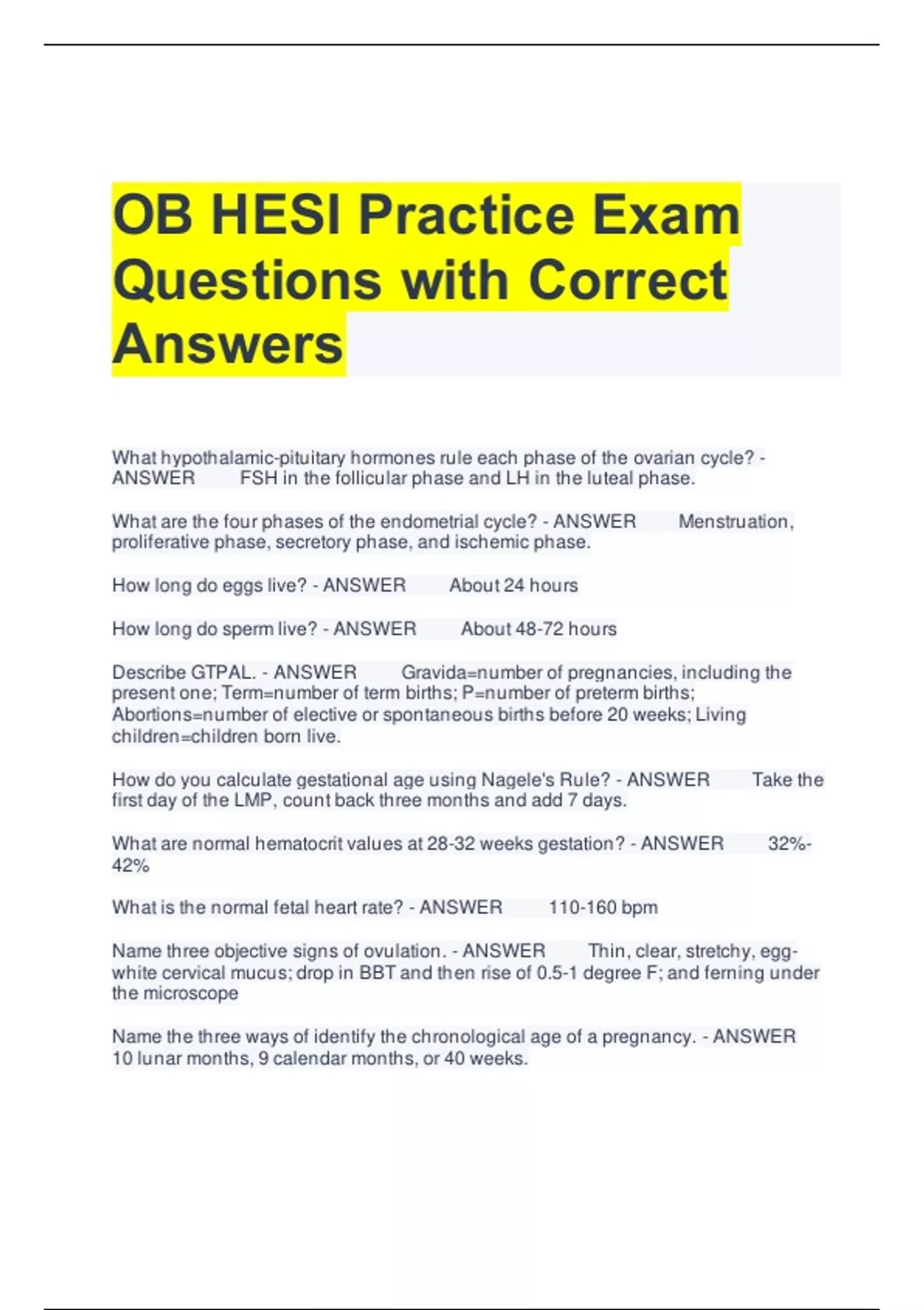 OB HESI Practice Exam Questions with Correct Answers - OB HESI - Stuvia US