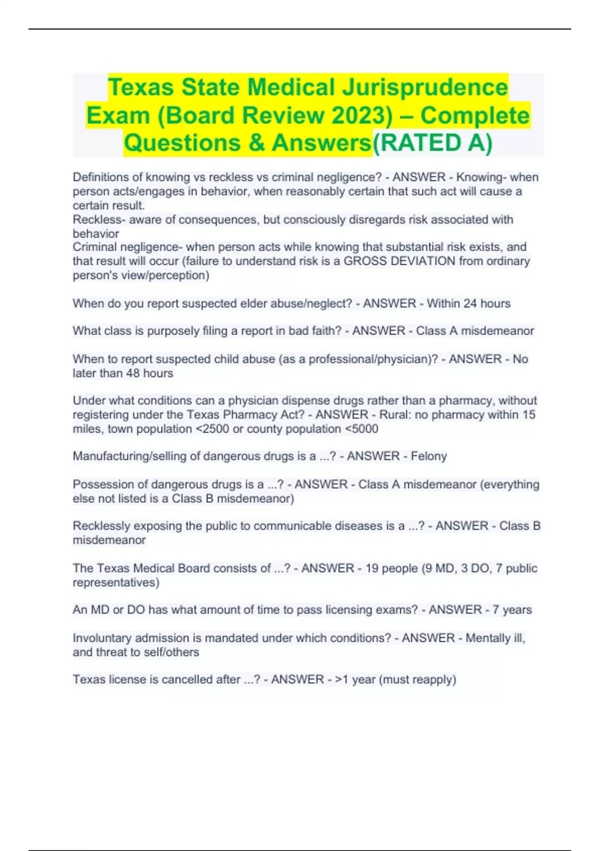 Texas State Medical Jurisprudence Exam (Board Review 2023) Complete Questions & Answers(RATED