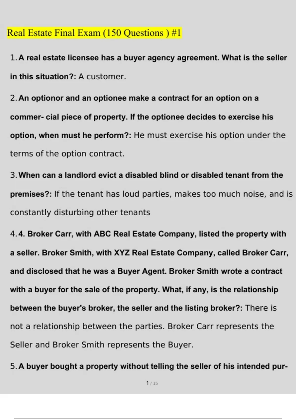 Real Estate Final Exam (150 Questions ) 1 COMPLETE Real Estate