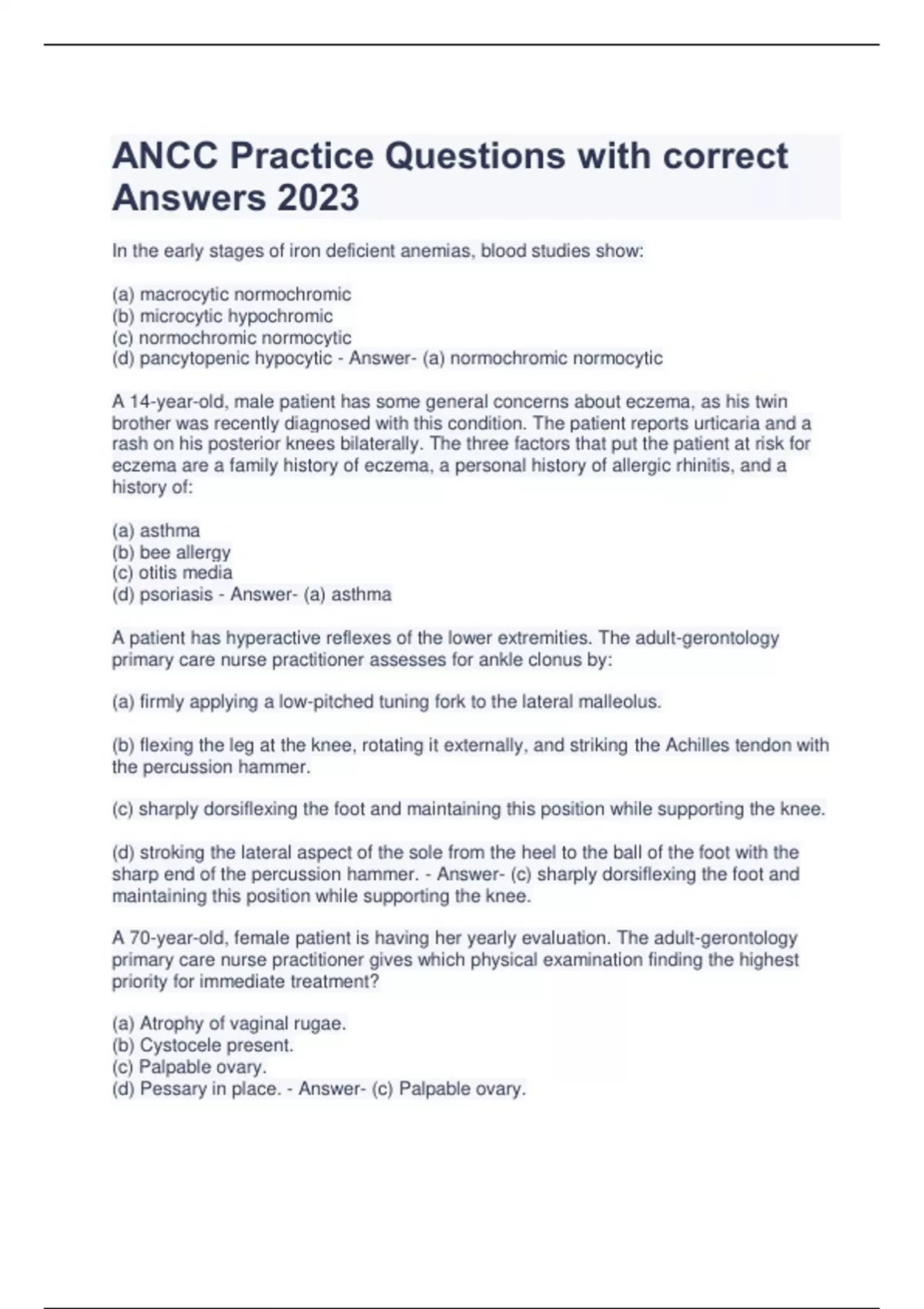 ANCC Practice Questions with correct Answers 2023 ANCC Stuvia US