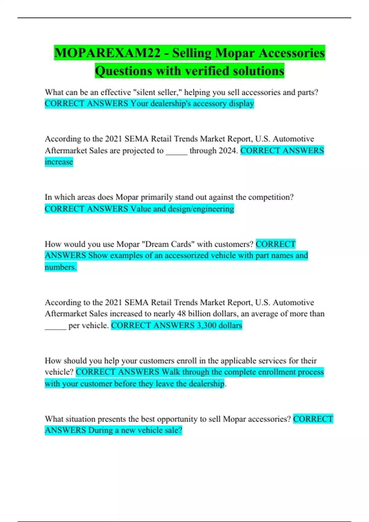 MOPAREXAM22 Selling Mopar Accessories Questions with verified