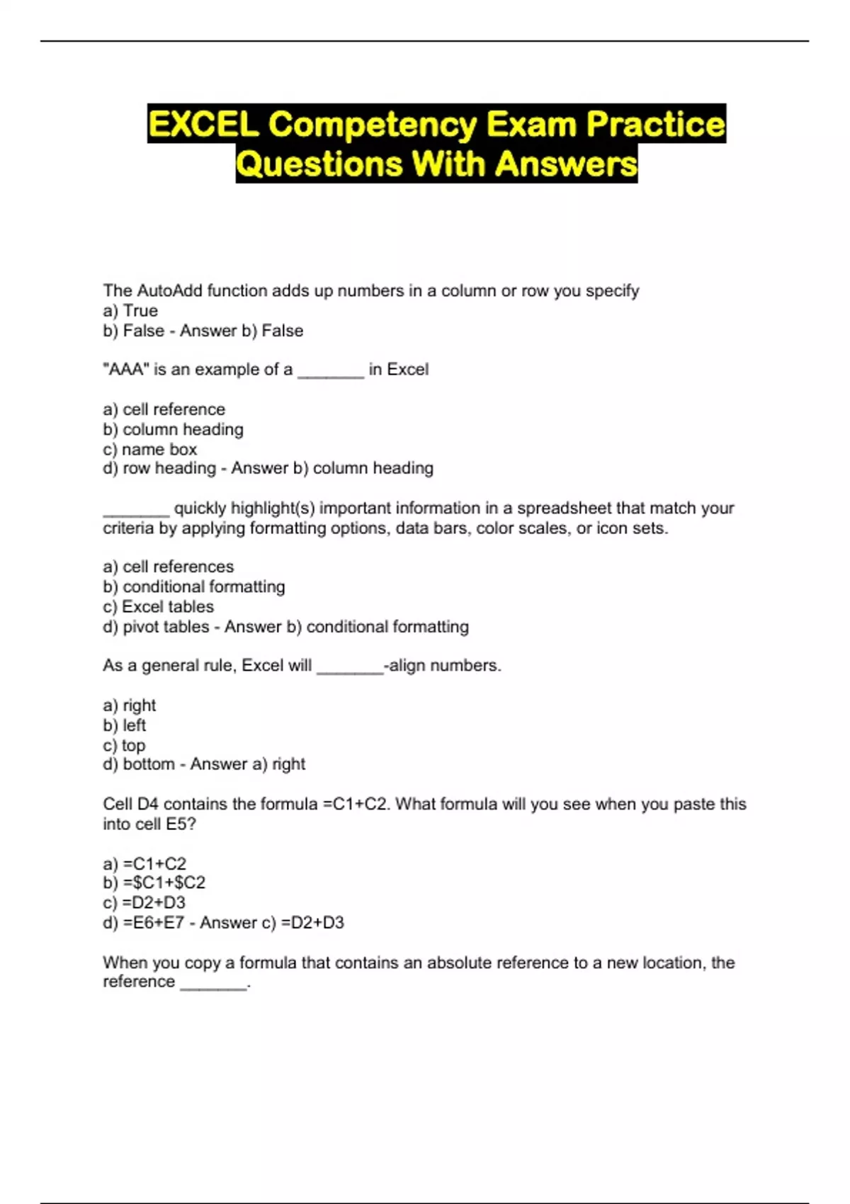 EXCEL Competency Exam Practice Questions With Answers EXCEL