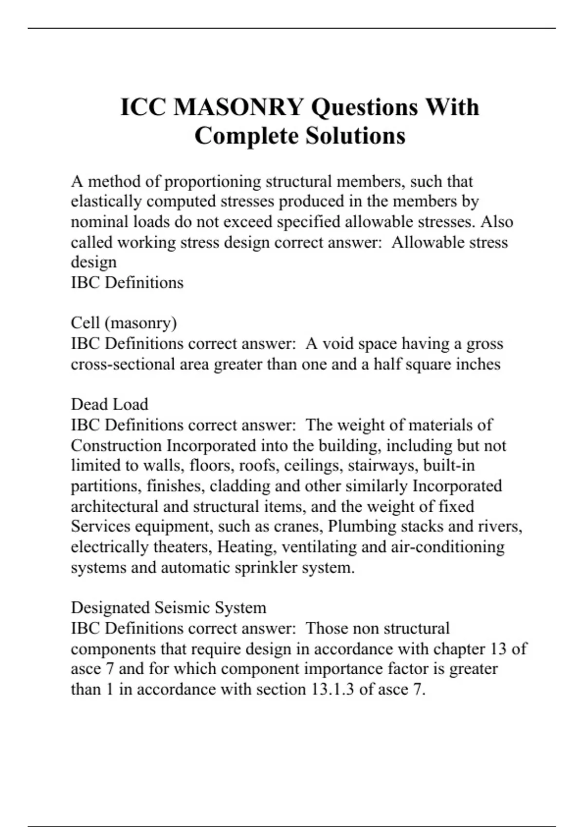 ICC MASONRY Questions With Complete Solutions ICC Stuvia US