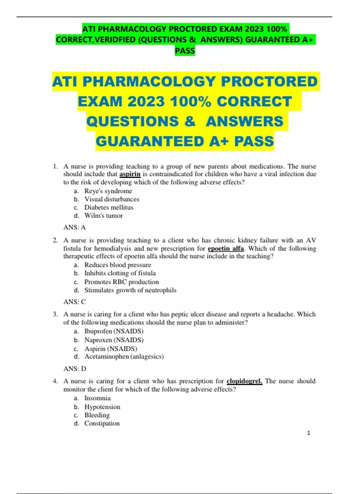 ATI PHARMACOLOGY PROCTORED EXAM 2023 100% CORRECT QUESTIONS & ANSWERS ...