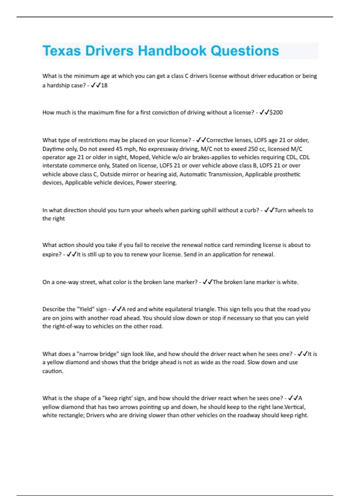 Bundle for Texas Driving Tests compilation Questions and Answers