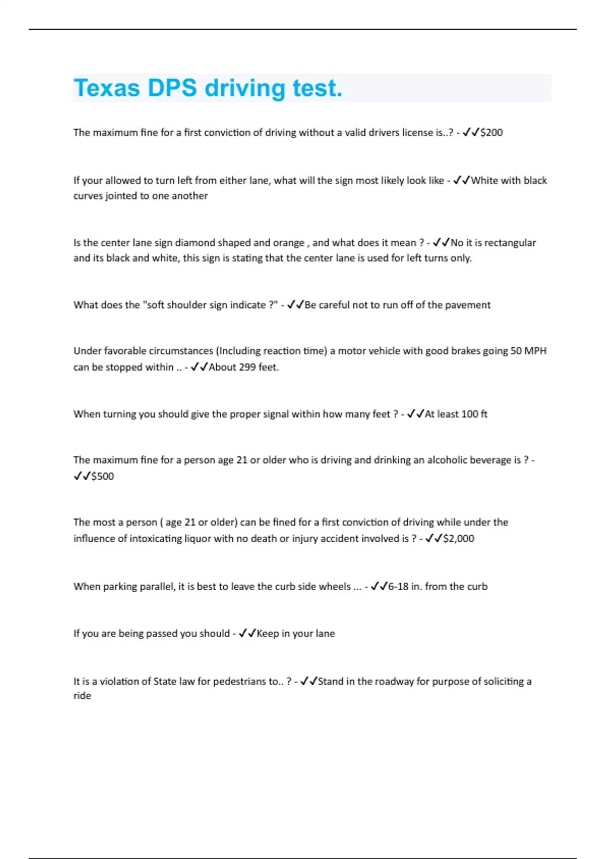 Texas DPS driving test. Questions and Answers with complete solution