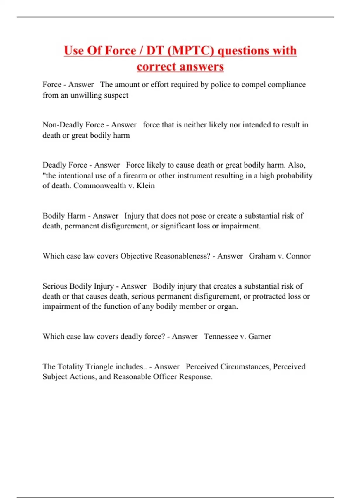 Use Of Force / DT (MPTC) questions with correct answers - MPTC - Stuvia US