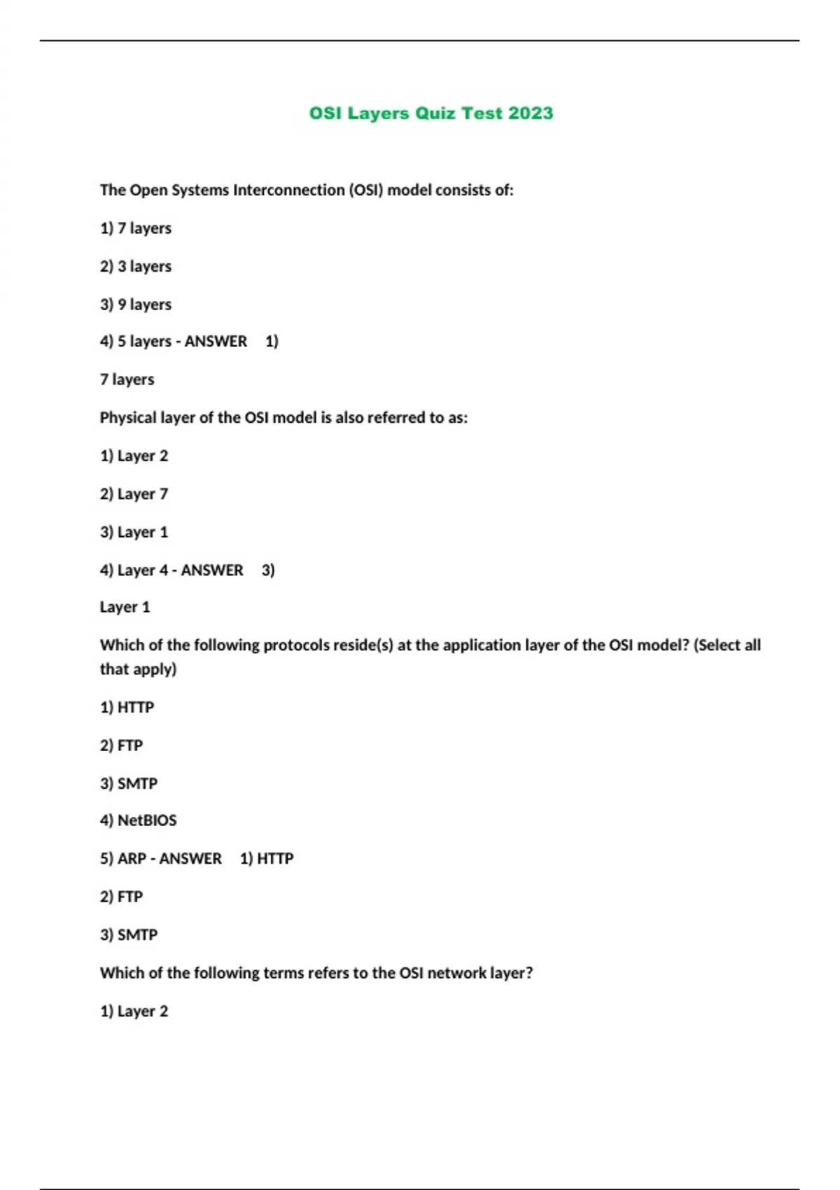 OSI Layers Quiz Test 2023 OSI Layers Stuvia US