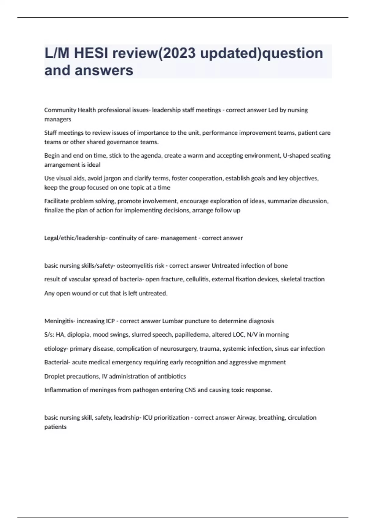 L/M HESI review(2023 updated)question and answers - HESI leadership and ...