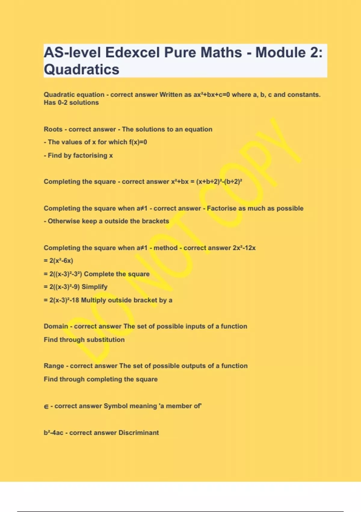 ASlevel Edexcel Pure Maths Module 2 Quadratics2023 LATEST UPDATE