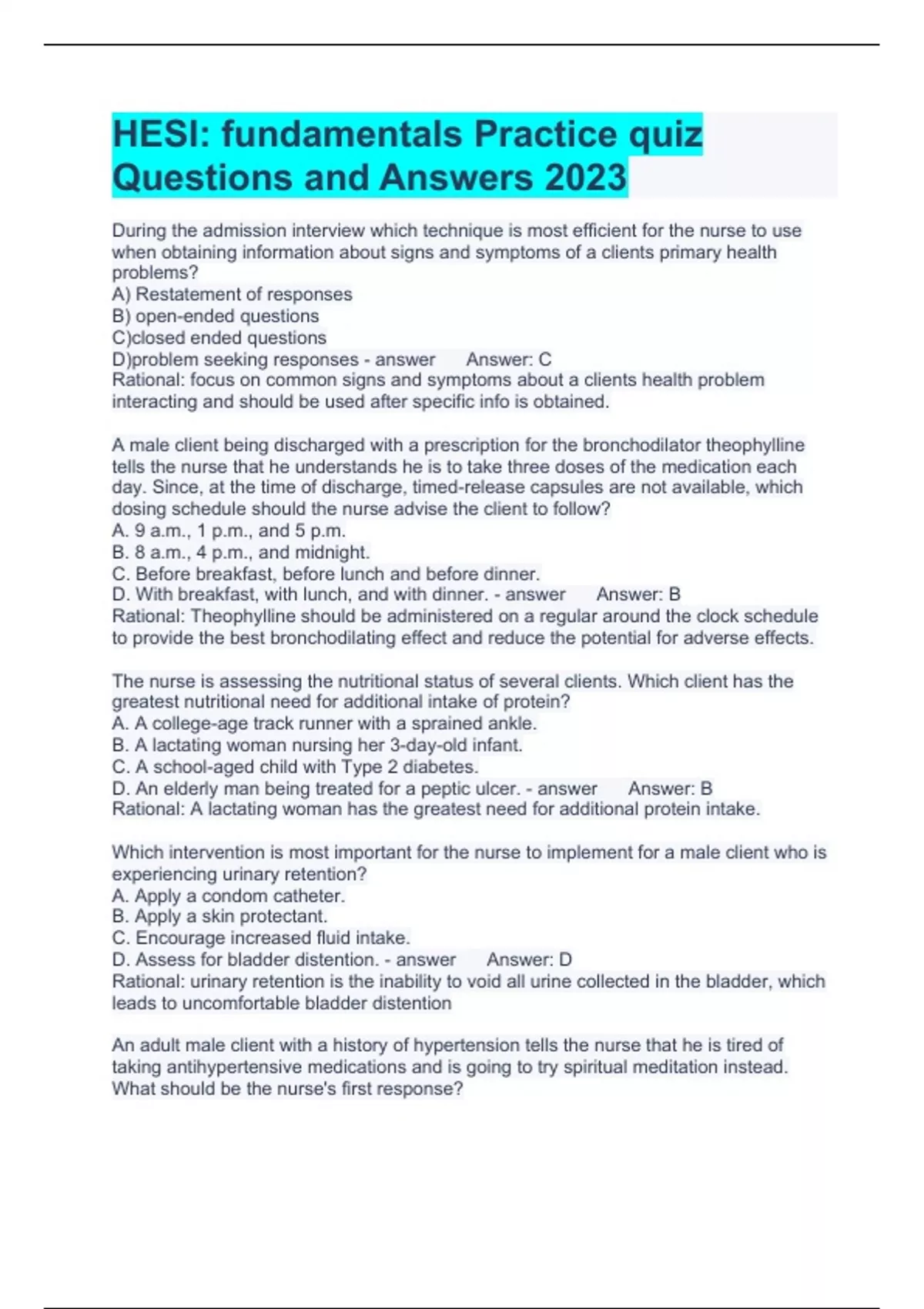 HESI fundamentals Practice quiz Questions and Answers 2023 Hesi