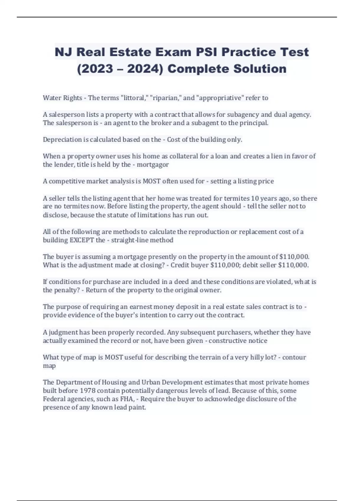 NJ Real Estate Exam PSI Practice Test (2023 2024) Complete Solution