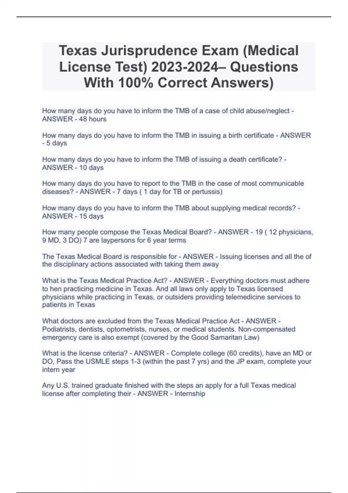 Texas Jurisprudence Exam (Medical License Test) 20232024 Questions