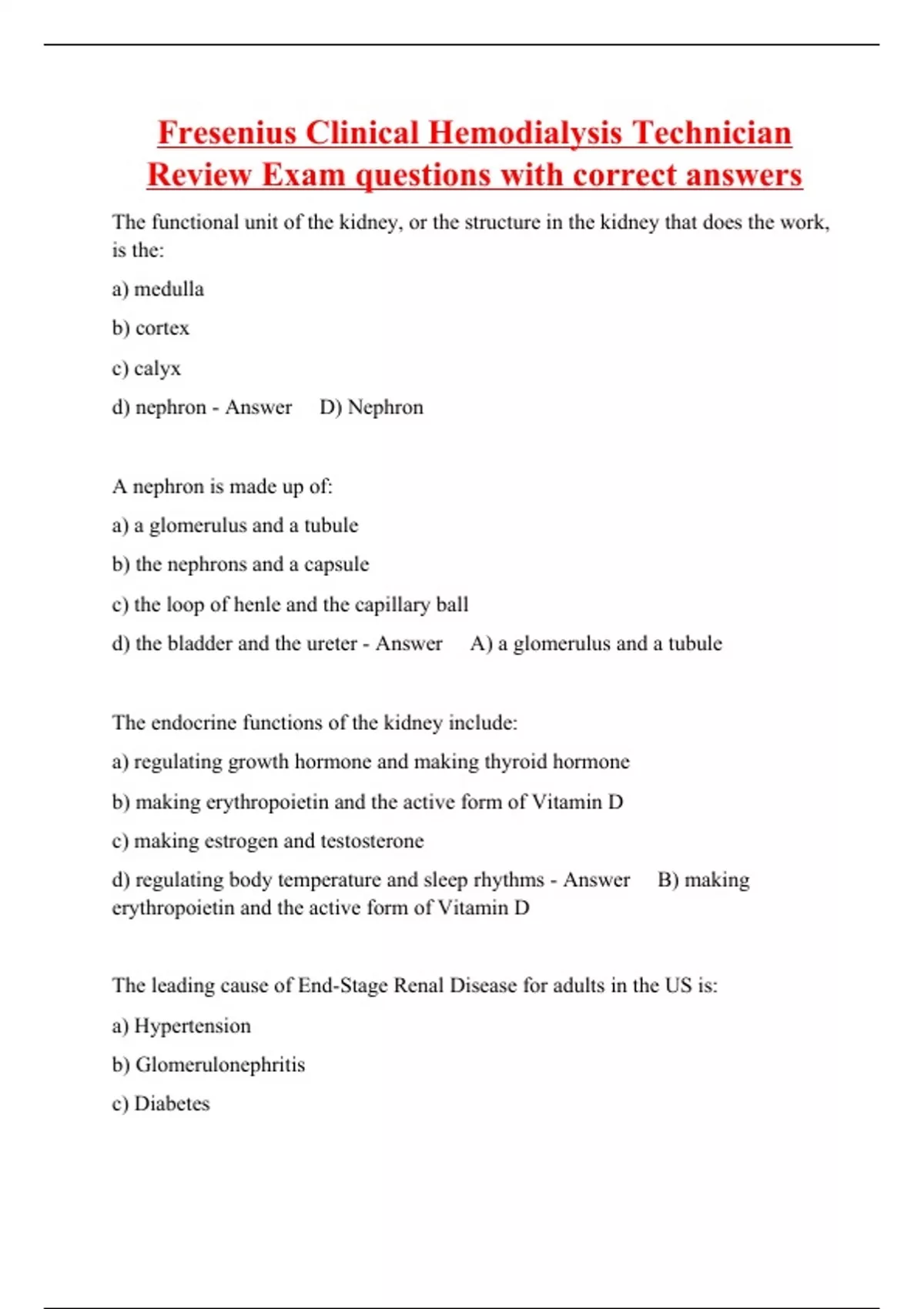 Fresenius Clinical Hemodialysis Technician Review Exam questions with