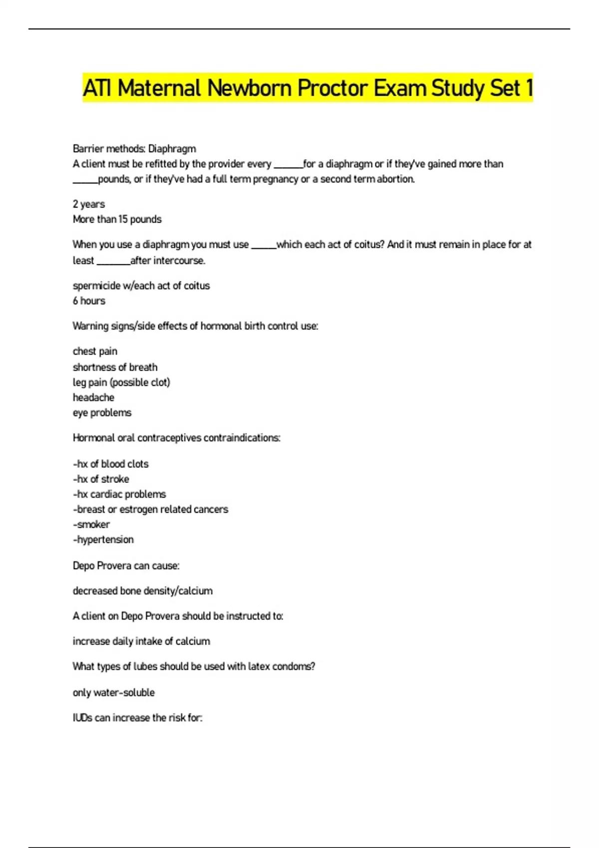 ATI Maternal Newborn Proctored Exam Study Set 1 2023 ATI Maternal