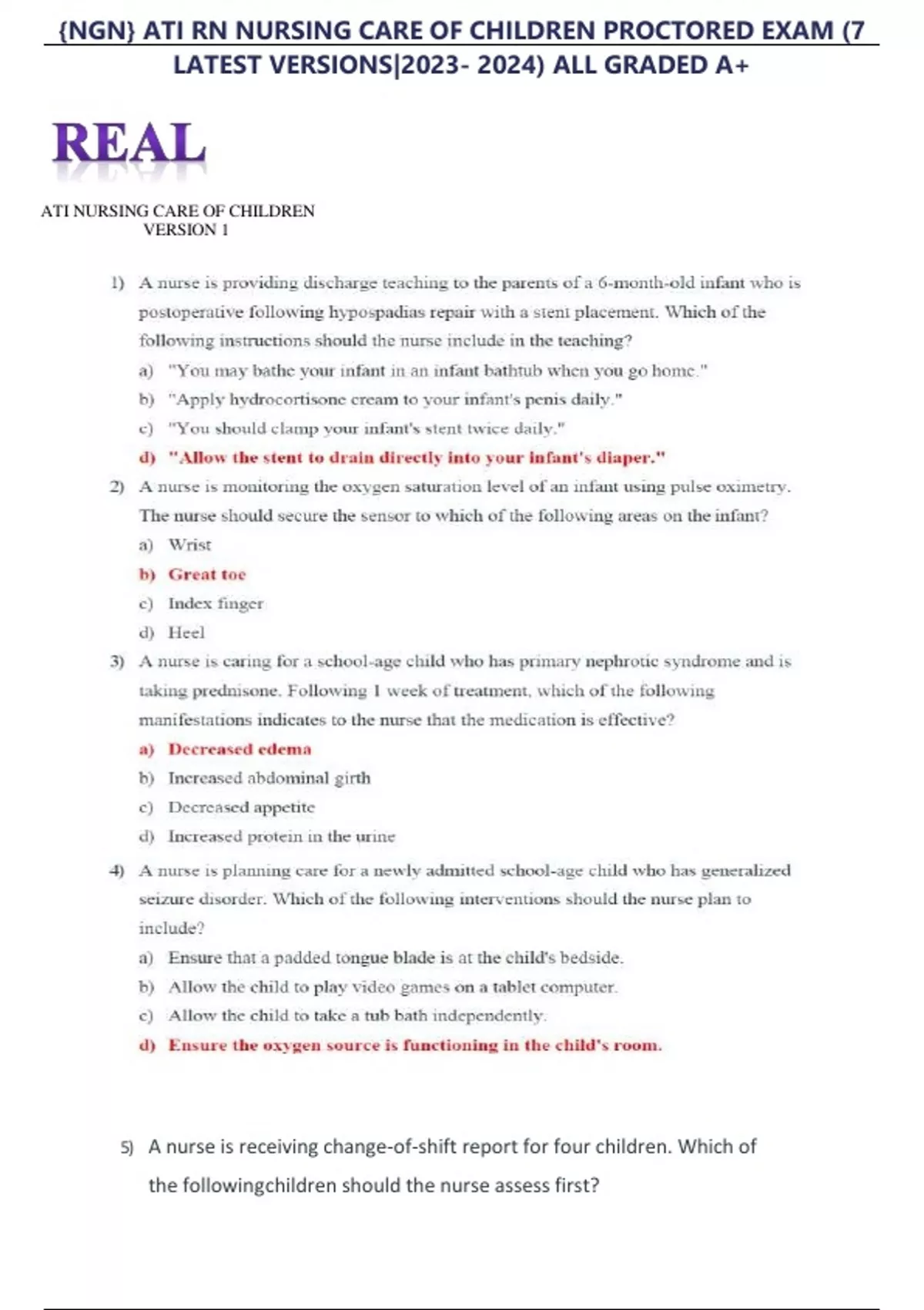 {NGN} ATI RN NURSING CARE OF CHILDREN PROCTORED EXAM (7 LATEST VERSIONS ...