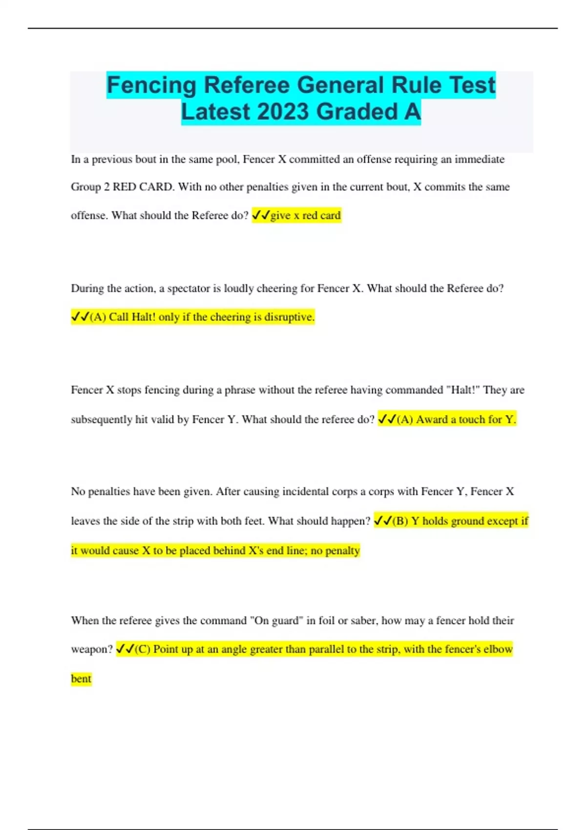 Fencing Referee General Rule Test Latest 2023 Graded A Fencing