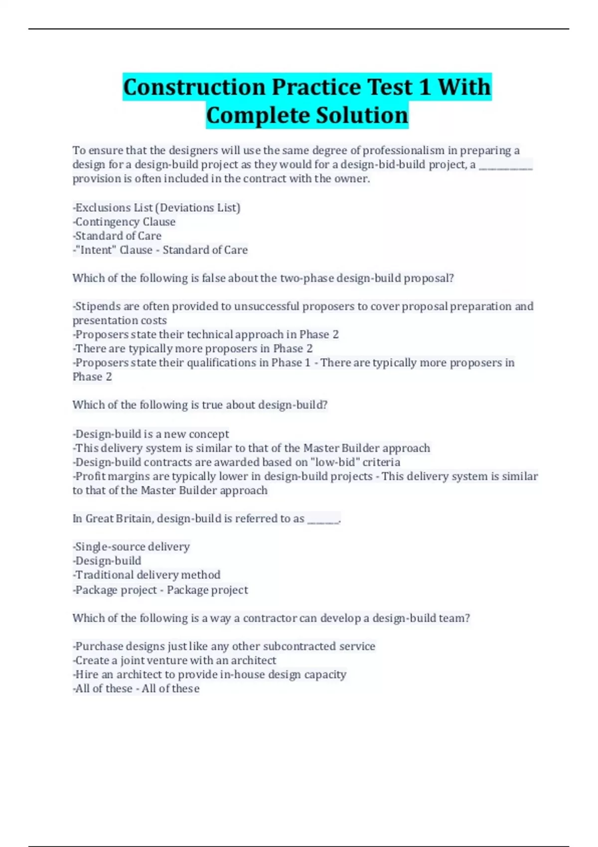 Construction Practice Test 1 With Complete Solution - General ...