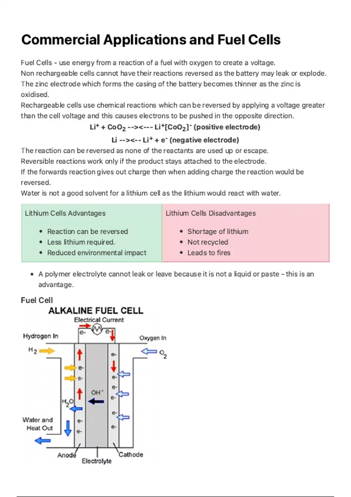 Summary AQA Alevel Chemistry Commercial Applications and Fuel cells Unit 3.1.11 Electrode