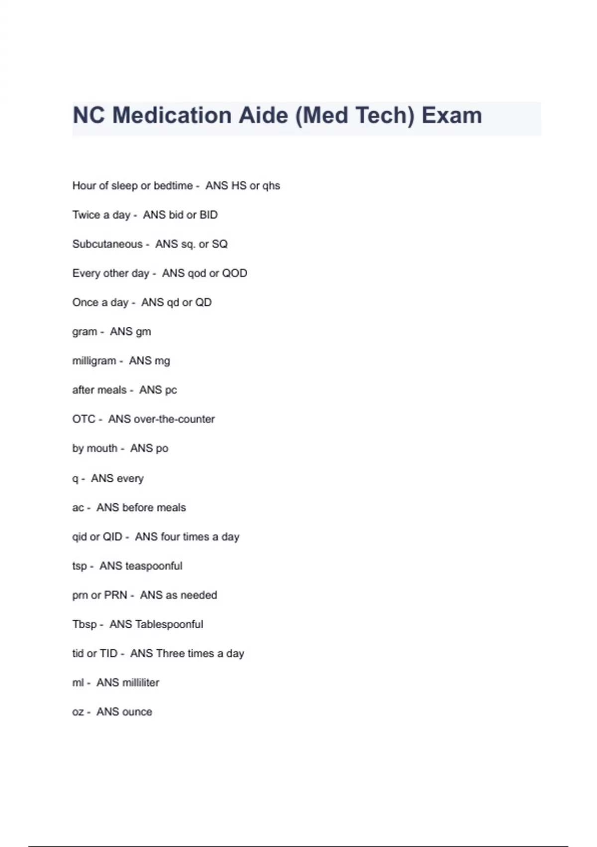 NC Medication Aide (Med Tech) Exam Questions & Answers 2023 ( A+ GRADED