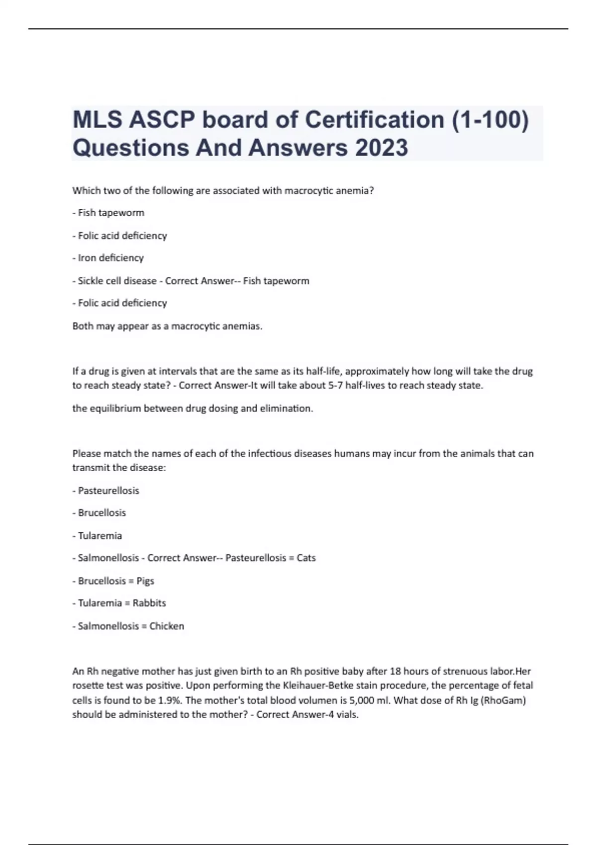 MLS ASCP board of Certification (1100) Questions And Answers 2023