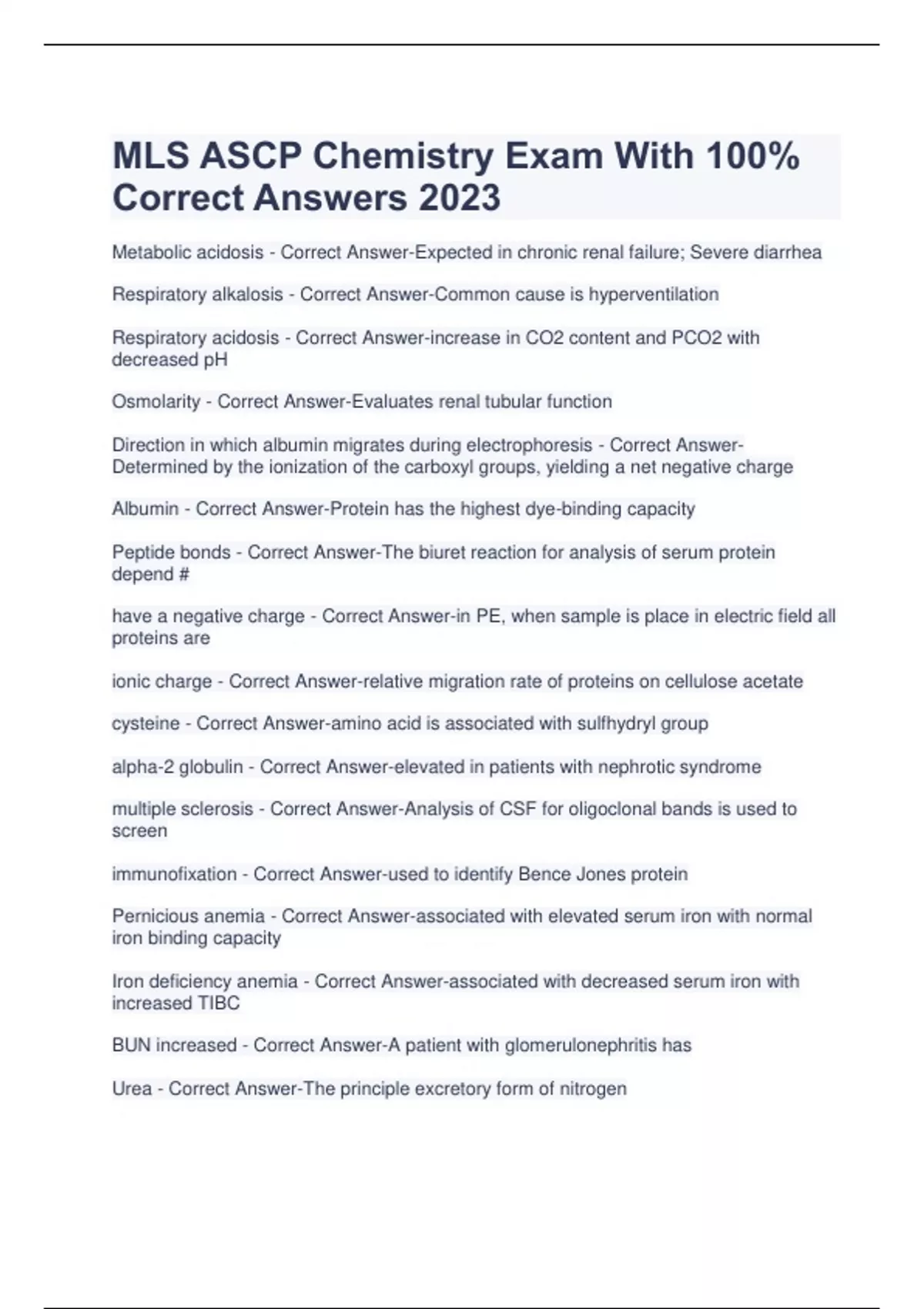 MLS ASCP Chemistry Exam With 100% Correct Answers 2023 - MLS ASCP