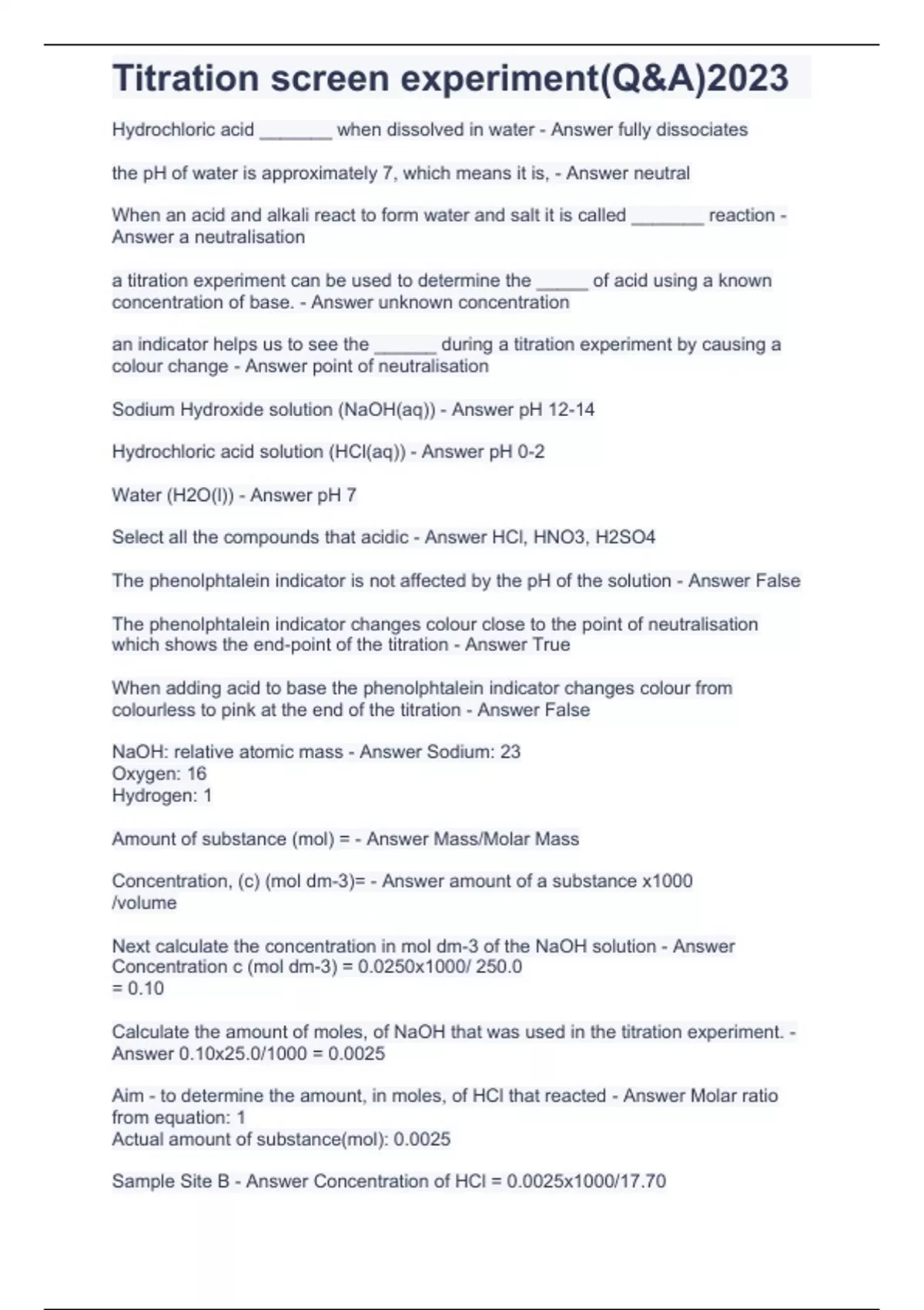 Titration screen experiment(Q&A)2023 Titration Stuvia US