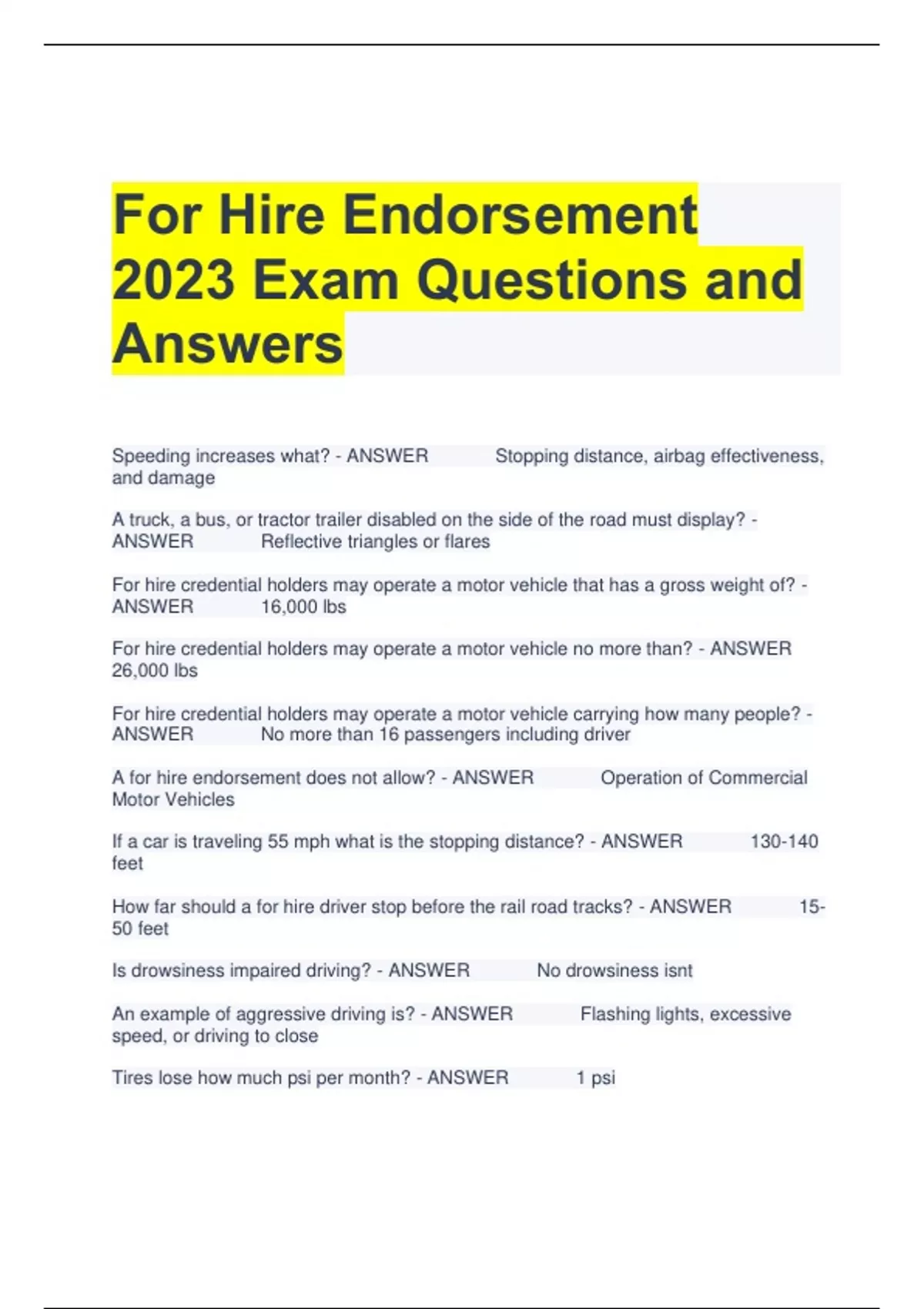 For Hire Endorsement 2023 Exam Questions and Answers For Hire