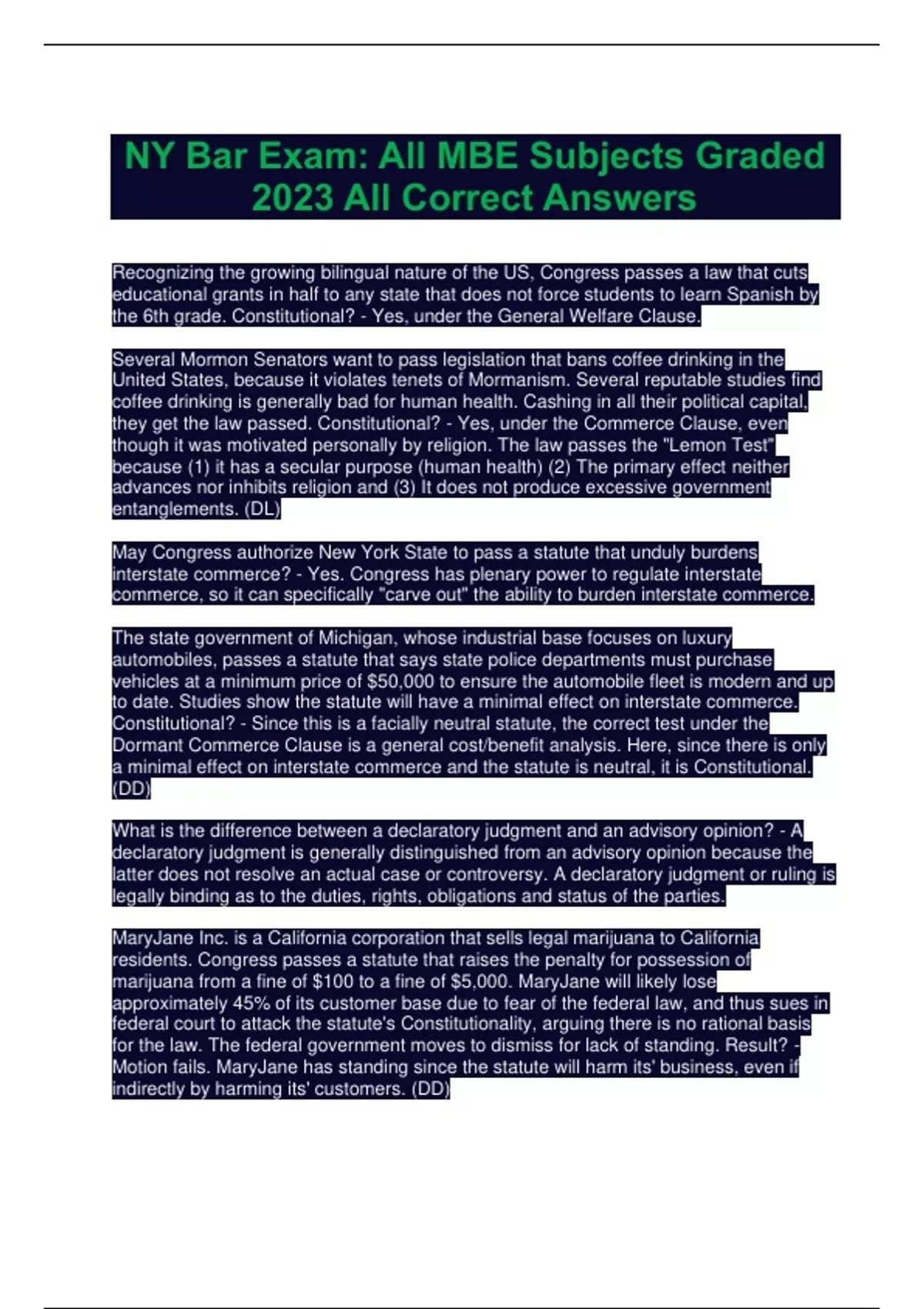 NY Bar Exam All MBE Subjects Graded 2023 All Correct Answers NY Bar